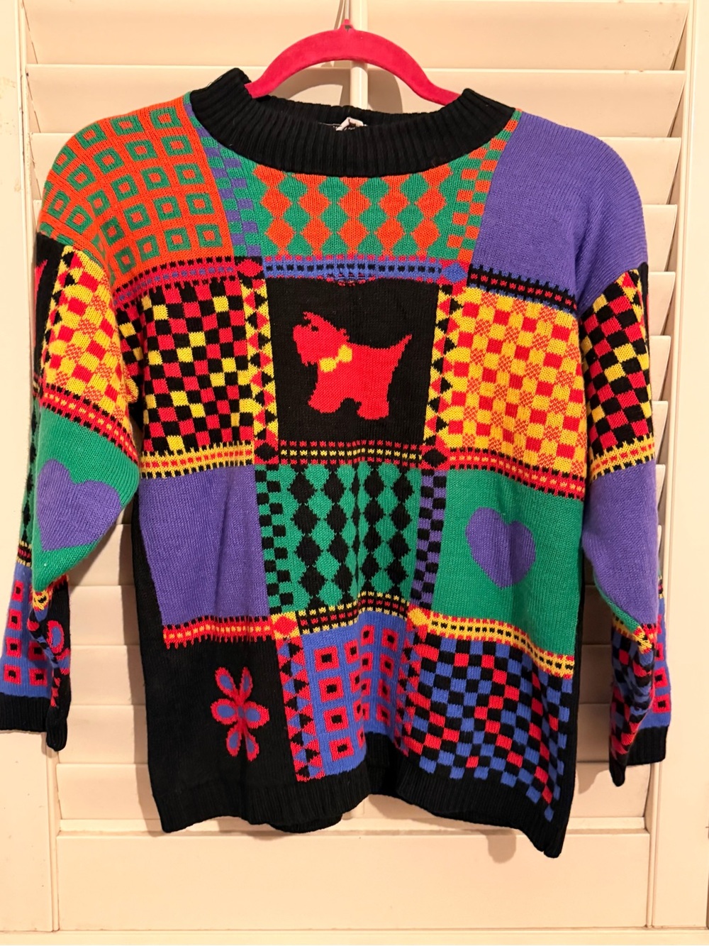 Knitwaves Women Multicolor Geometric Dog Heart Crew Neck Sweater Size Small